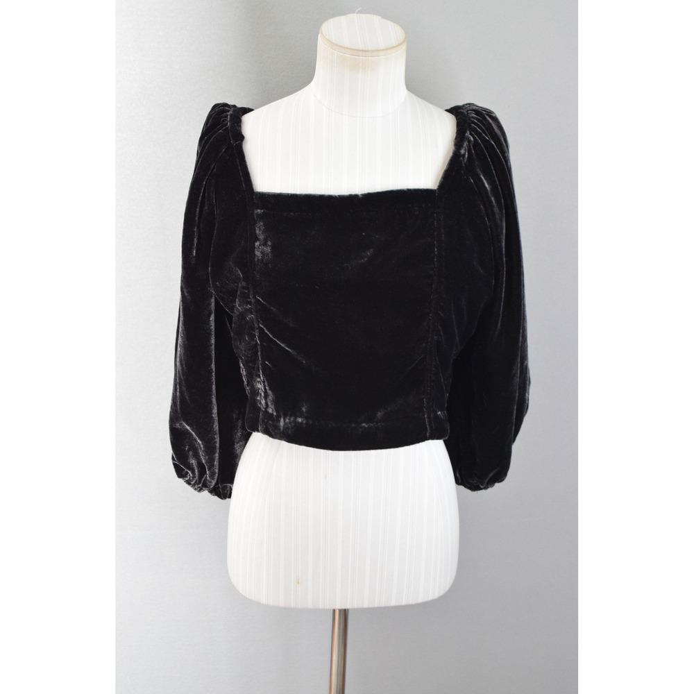 Free People Marie Top Medium Black Velvet Square Neck Smock Tie Back Puff Sleeve